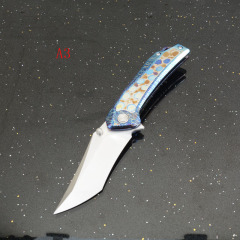Titanium Folding Blade Knife 3.07" 14C28N Combo Tanto Blade, TC4 Handles