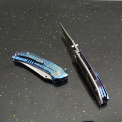 Titanium Folding Blade Knife 3.07" 14C28N Combo Tanto Blade, TC4 Handles