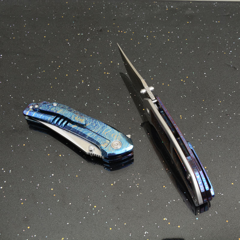 Titanium Folding Blade Knife 3.07" 14C28N Combo Tanto Blade, TC4 Handles