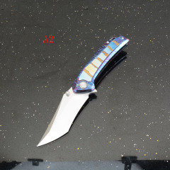 Titanium Folding Blade Knife 3.07" 14C28N Combo Tanto Blade, TC4 Handles