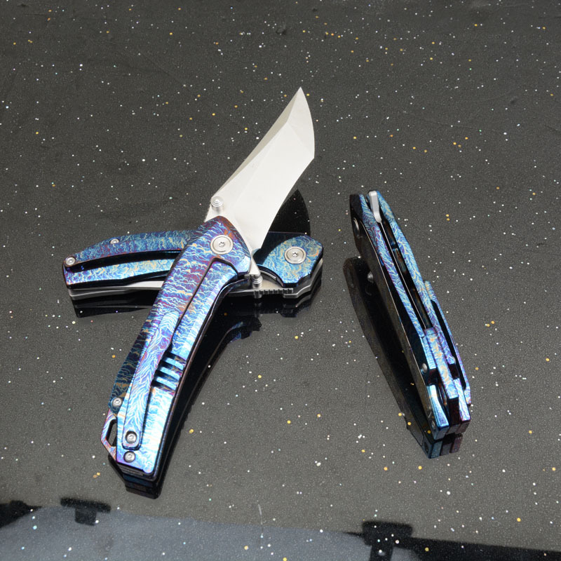 Titanium Folding Blade Knife 3.07" 14C28N Combo Tanto Blade, TC4 Handles