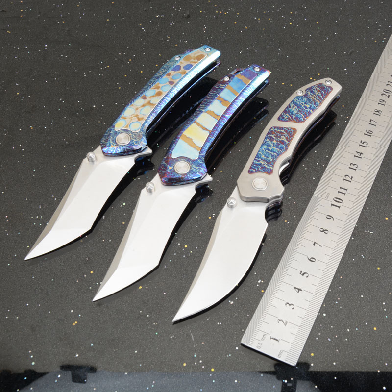 Titanium Folding Blade Knife 3.07" 14C28N Combo Tanto Blade, TC4 Handles