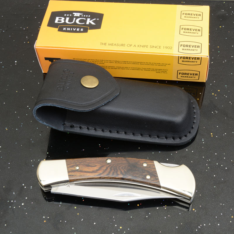 BK 110 Folding Knife 3.74" 440c Blade, Ebony Wood Handles, Lockback, Leather Sheath