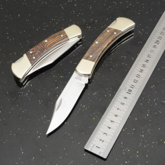 BK 110 Folding Knife 3.74" 440c Blade, Ebony Wood Handles, Lockback, Leather Sheath