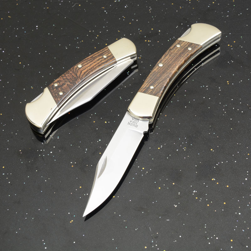 BK 110 Folding Knife 3.74" 440c Blade, Ebony Wood Handles, Lockback, Leather Sheath