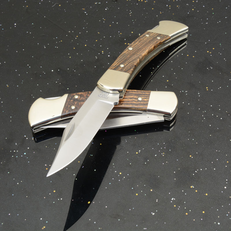 BK 110 Folding Knife 3.74" 440c Blade, Ebony Wood Handles, Lockback, Leather Sheath