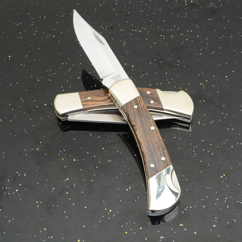 BK 110 Folding Knife 3.74" 440c Blade, Ebony Wood Handles, Lockback, Leather Sheath