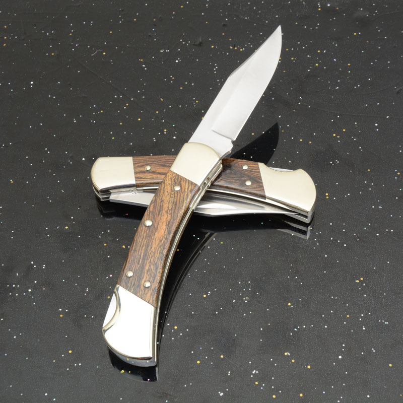 BK 110 Folding Knife 3.74" 440c Blade, Ebony Wood Handles, Lockback, Leather Sheath