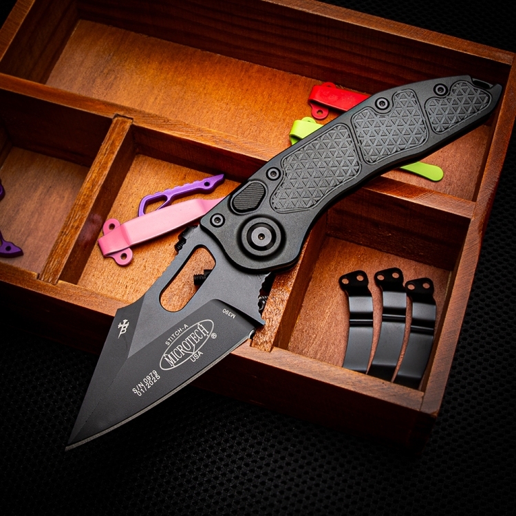 MT Stitch-I AUTO Folding Knife 3.03" M390 Black Blade, T6-6061 Handles