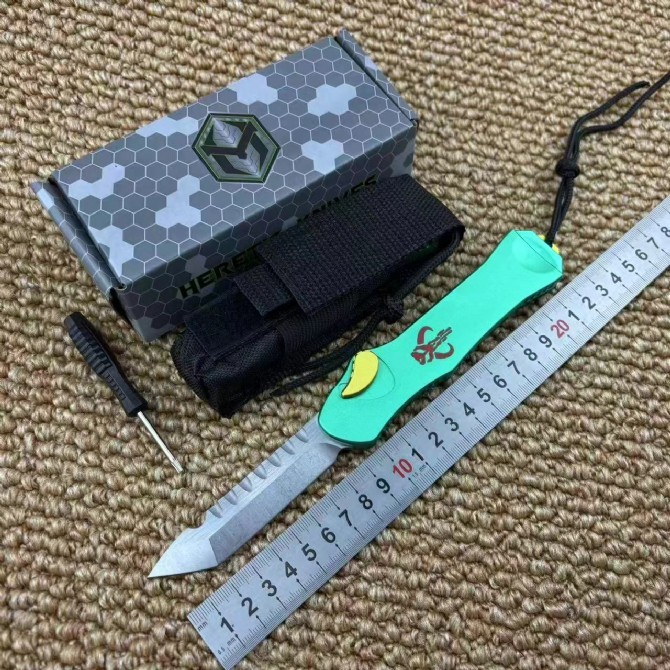 Heretic Knives V3 Bounty hunter OTF AUTO 3.46" M390 Stonewashed Blade, Aviation Aluminum Handles