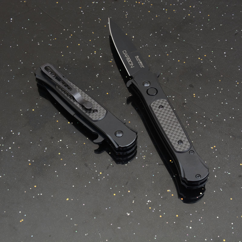 Black Carbon OTF Folding Knife Assisted 3.54" 8Cr13 Plain Blade, Aluminum Alloy Handles