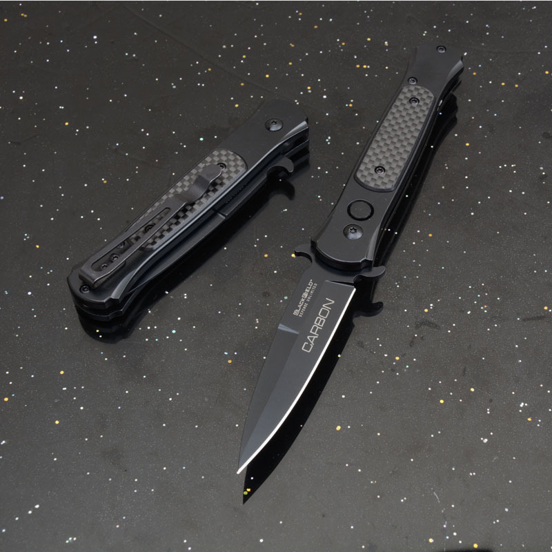 Black Carbon OTF Folding Knife Assisted 3.54" 8Cr13 Plain Blade, Aluminum Alloy Handles