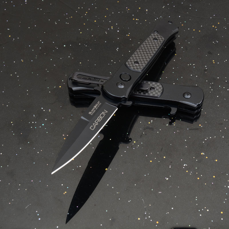 Black Carbon OTF Folding Knife Assisted 3.54" 8Cr13 Plain Blade, Aluminum Alloy Handles