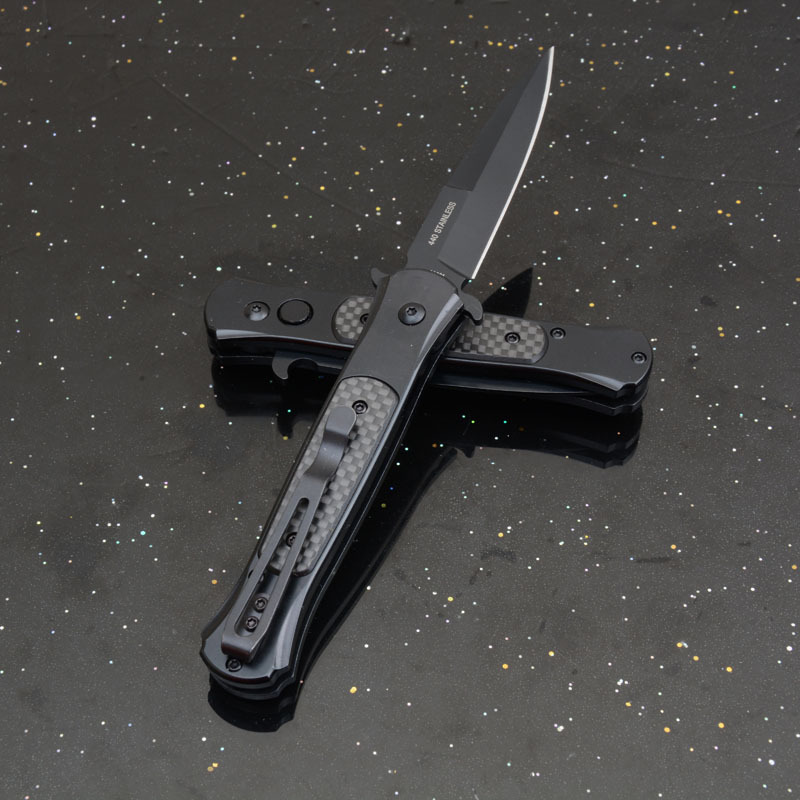 Black Carbon OTF Folding Knife Assisted 3.54" 8Cr13 Plain Blade, Aluminum Alloy Handles