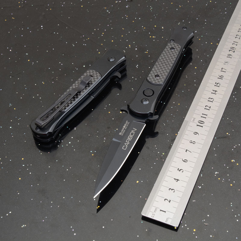 Black Carbon OTF Folding Knife Assisted 3.54" 8Cr13 Plain Blade, Aluminum Alloy Handles