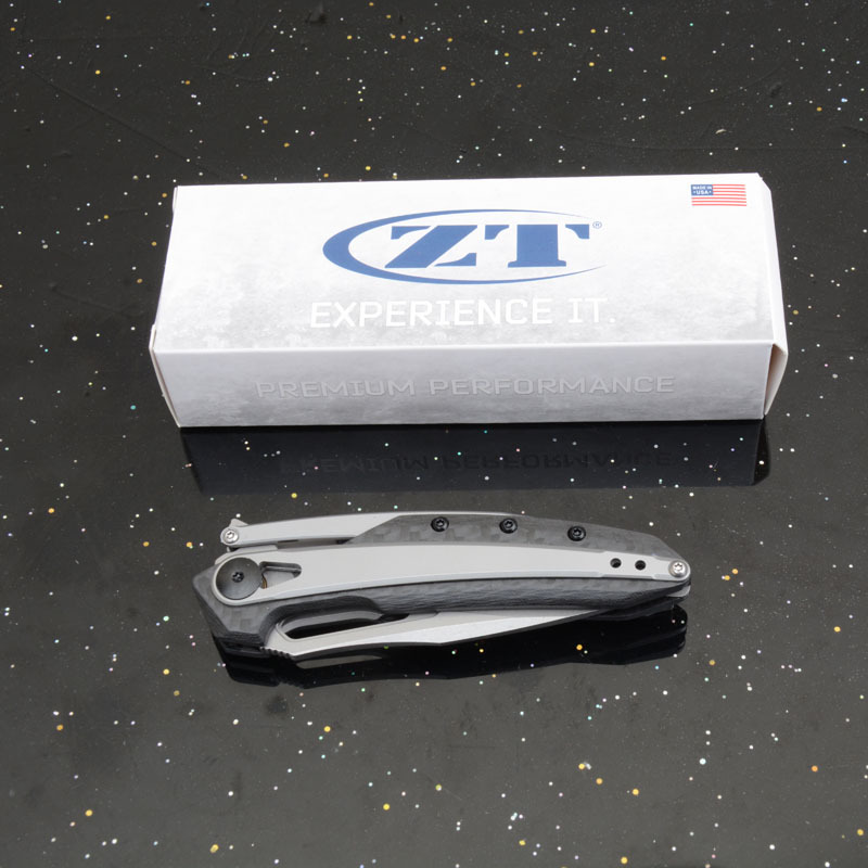 ZT 0990 Flipper Knife 3.26" CPM-20CV Stonewashed Drop Point Blade, Carbon Fiber Handles with Steel Overlay