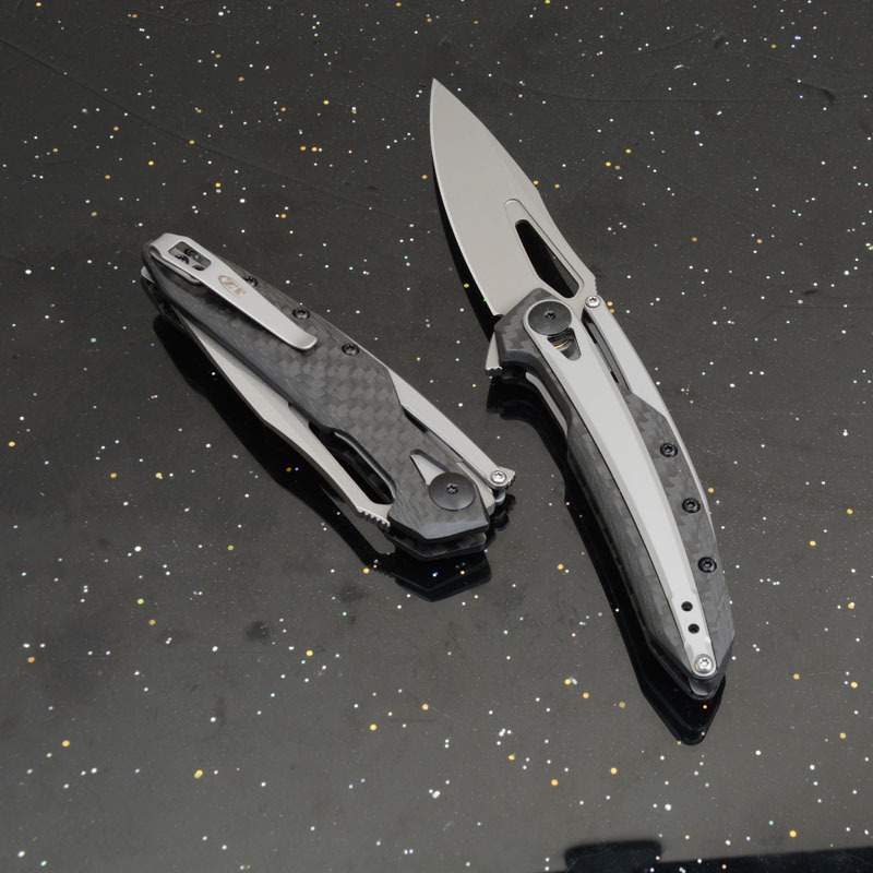 ZT 0990 Flipper Knife 3.26" CPM-20CV Stonewashed Drop Point Blade, Carbon Fiber Handles with Steel Overlay