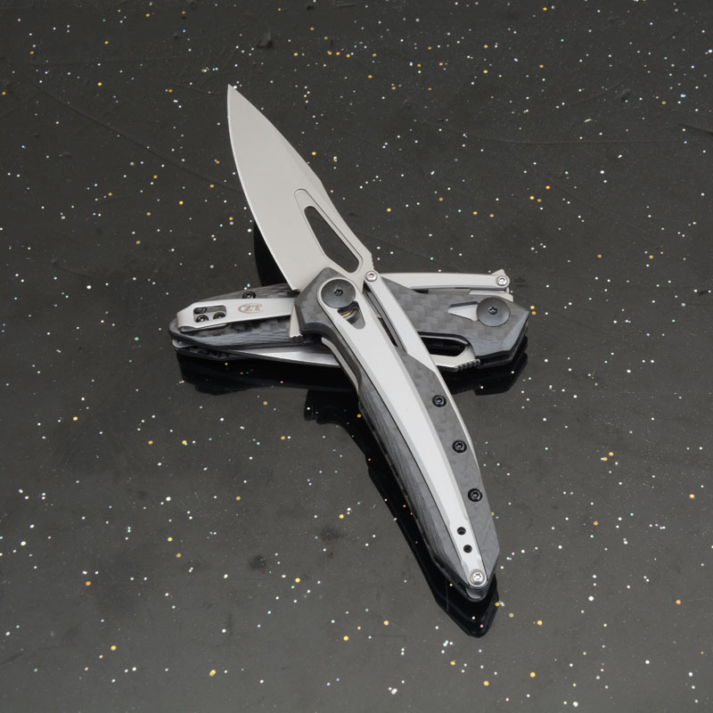 ZT 0990 Flipper Knife 3.26" CPM-20CV Stonewashed Drop Point Blade, Carbon Fiber Handles with Steel Overlay