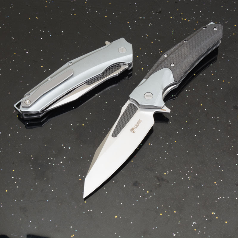 KV-Venom Folding Knife 4.02" D2 Satin Drop Point Blade, Carbon Fiber + Aluminum Handles