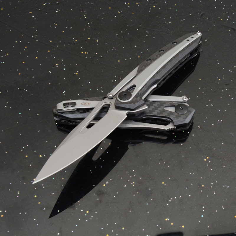 ZT 0990 Flipper Knife 3.26" CPM-20CV Stonewashed Drop Point Blade, Carbon Fiber Handles with Steel Overlay