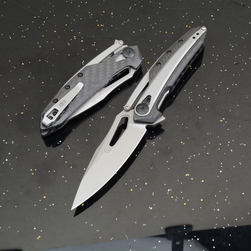 ZT 0990 Flipper Knife 3.26" CPM-20CV Stonewashed Drop Point Blade, Carbon Fiber Handles with Steel Overlay