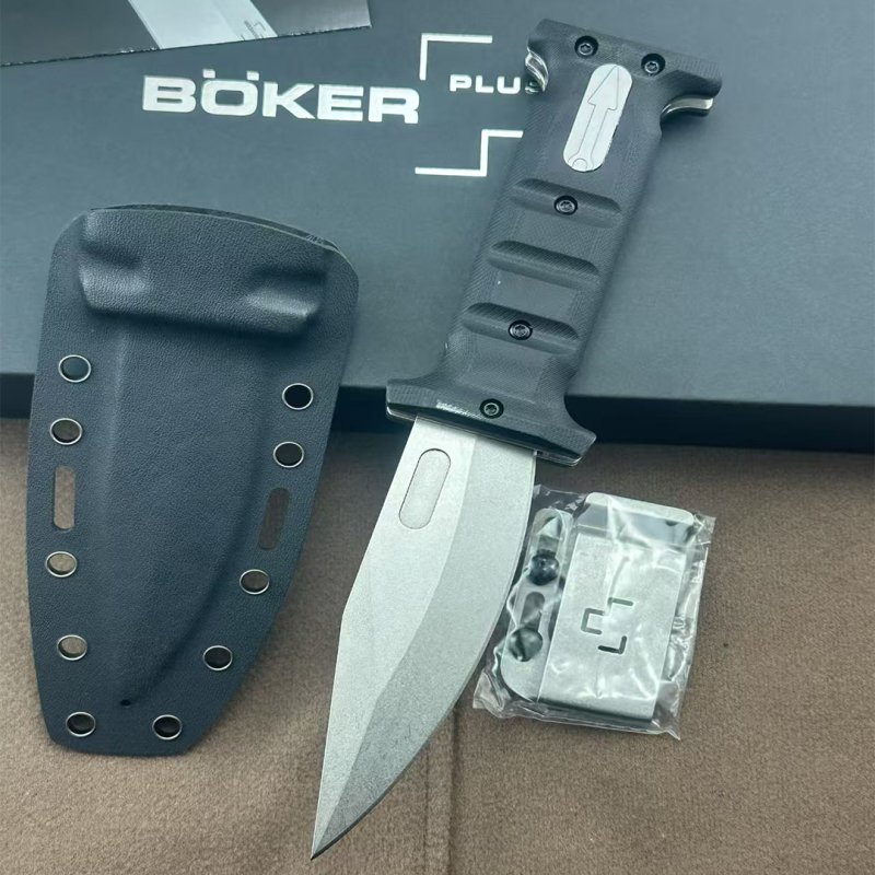 Boker Plus Extension Knife, D2 Stonewashed Variable Length Recurve Blade, G10 Handles, Kydex Sheath