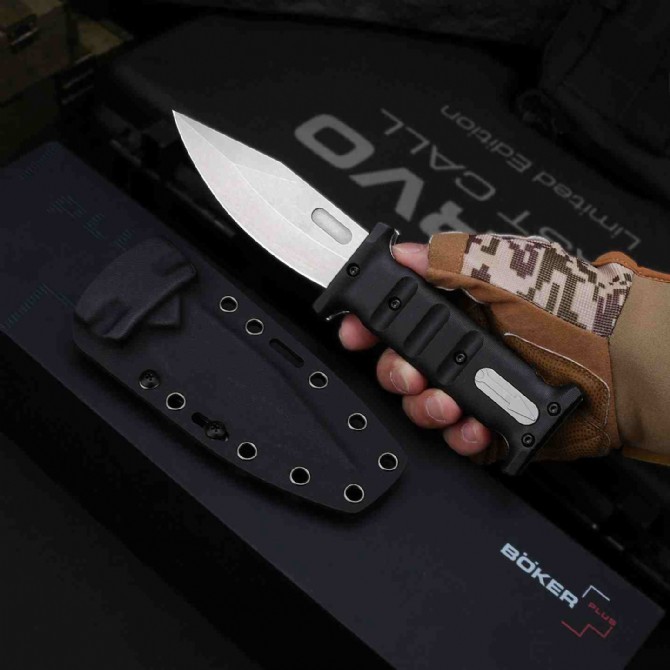 Boker Plus Extension Knife, D2 Stonewashed Variable Length Recurve Blade, TPE Handles, Kydex Sheath