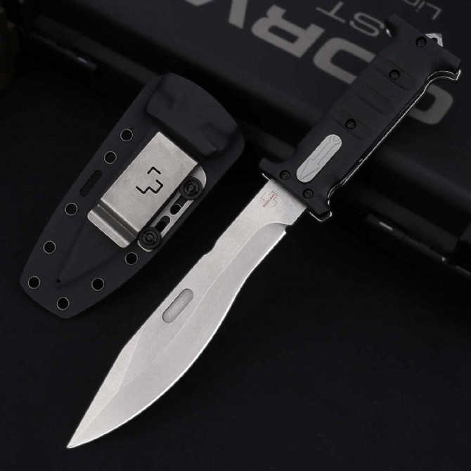 Boker Plus Extension Knife, D2 Stonewashed Variable Length Recurve Blade, TPE Handles, Kydex Sheath