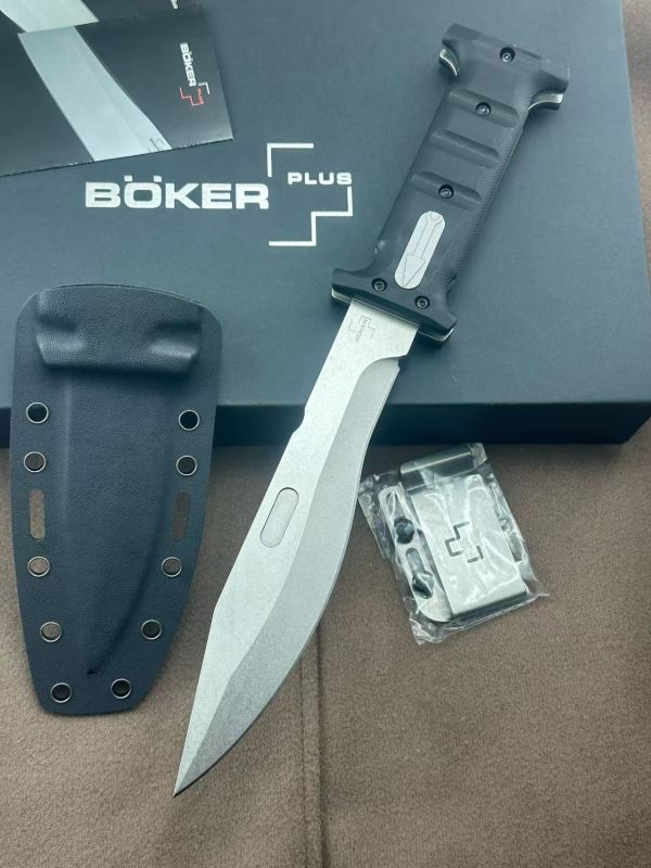 Boker Plus Extension Knife, D2 Stonewashed Variable Length Recurve Blade, G10 Handles, Kydex Sheath