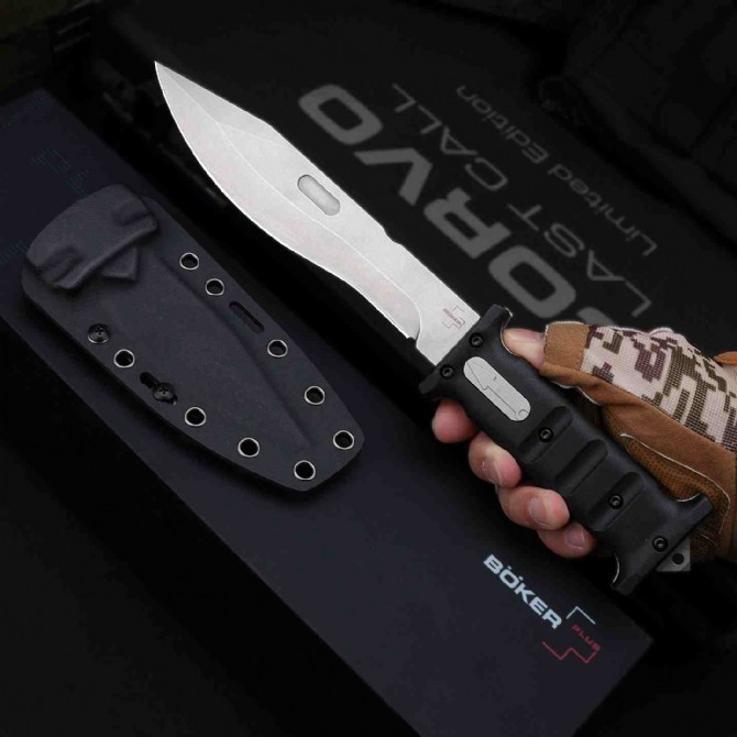 Boker Plus Extension Knife, D2 Stonewashed Variable Length Recurve Blade, TPE Handles, Kydex Sheath