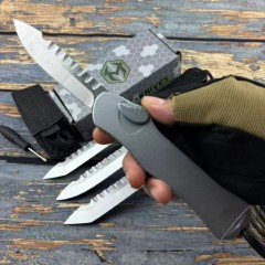 Heretic Knives V3 Bounty hunter OTF AUTO 3.46" M390 Stonewashed Blade, Aviation Aluminum Handles