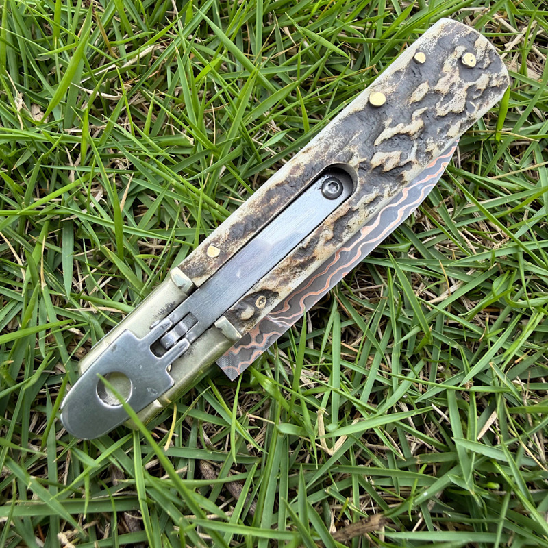 Classical Italy AKC Leverletto By Bill DeShivs OTF AUTO Knife 3.54'' Damascus Blade, Natural Antlers Handles