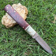 Classical Italy AKC Leverletto By Bill DeShivs OTF AUTO Knife 3.54'' Damascus Blade, Copper +Snake Patterned wood Handles