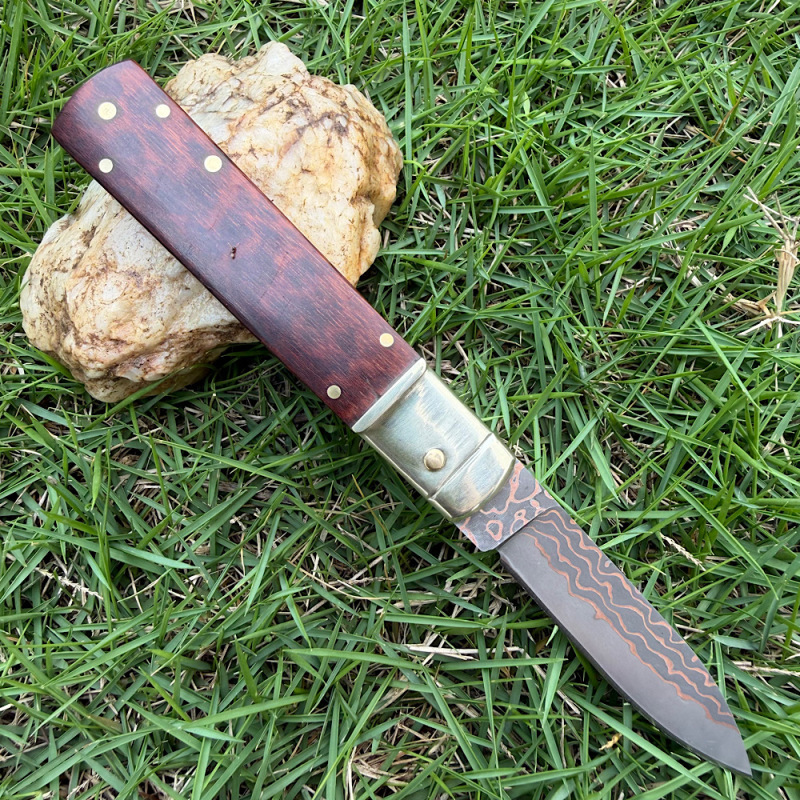 Classical Italy AKC Leverletto By Bill DeShivs OTF AUTO Knife 3.54'' Damascus Blade, Copper +Snake Patterned wood Handles