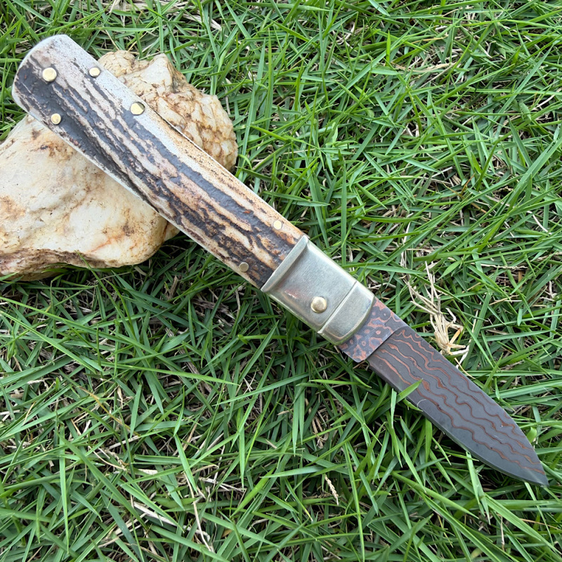 Classical Italy AKC Leverletto By Bill DeShivs OTF AUTO Knife 3.54'' Damascus Blade, Natural Antlers Handles
