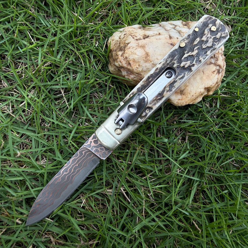 Classical Italy AKC Leverletto By Bill DeShivs OTF AUTO Knife 3.54'' Damascus Blade, Natural Antlers Handles
