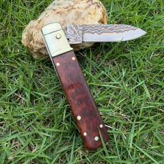 Classical Italy AKC Leverletto By Bill DeShivs OTF AUTO Knife 3.54'' Damascus Blade, Copper +Snake Patterned wood Handles