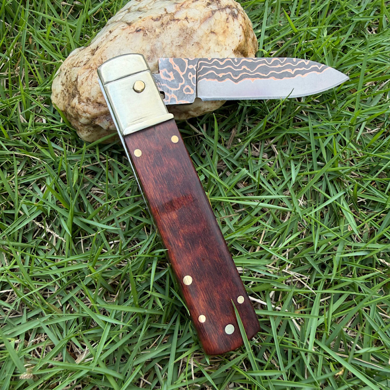 Classical Italy AKC Leverletto By Bill DeShivs OTF AUTO Knife 3.54'' Damascus Blade, Copper +Snake Patterned wood Handles