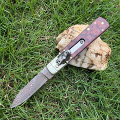 Classical Italy AKC Leverletto By Bill DeShivs OTF AUTO Knife 3.54'' Damascus Blade, Copper +Snake Patterned wood Handles