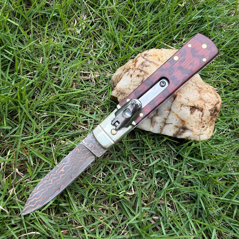 Classical Italy AKC Leverletto By Bill DeShivs OTF AUTO Knife 3.54'' Damascus Blade, Copper +Snake Patterned wood Handles