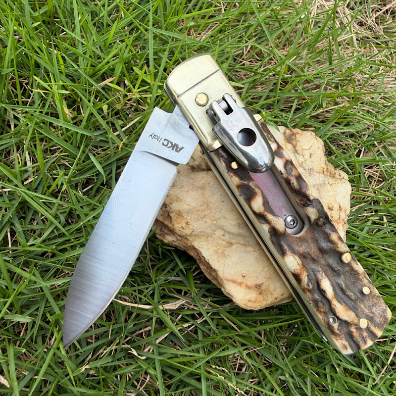 Classical Italy AKC Leverletto By Bill DeShivs OTF AUTO Knife 3.54'' D2 Blade, Natural Antlers Handles