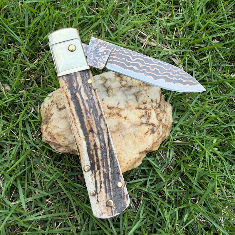 Classical Italy AKC Leverletto By Bill DeShivs OTF AUTO Knife 3.54'' Damascus Blade, Natural Antlers Handles