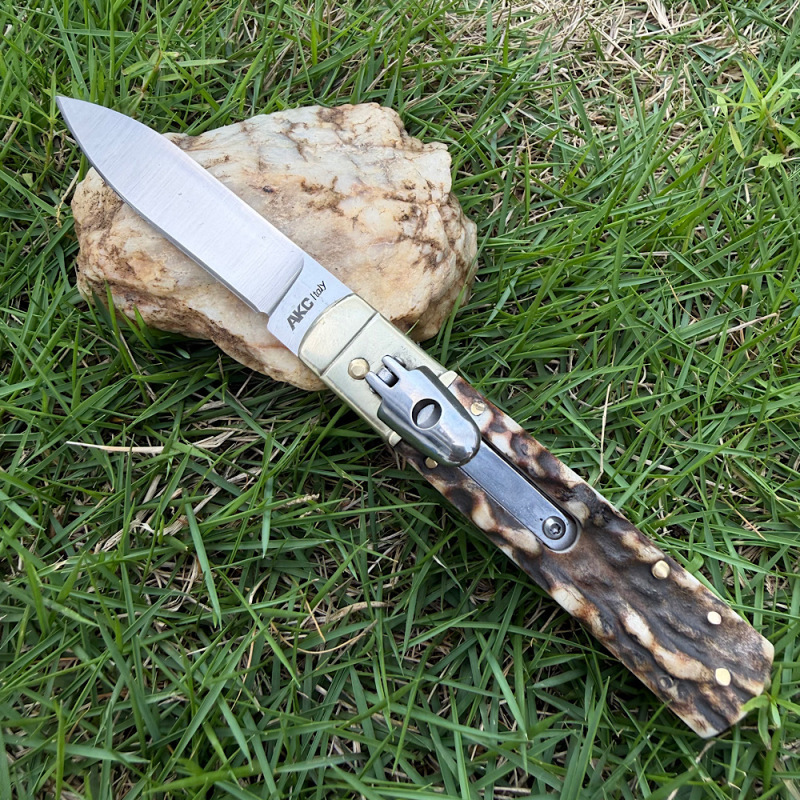 Classical Italy AKC Leverletto By Bill DeShivs OTF AUTO Knife 3.54'' D2 Blade, Natural Antlers Handles