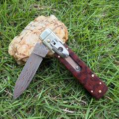 Classical Italy AKC Leverletto By Bill DeShivs OTF AUTO Knife 3.54'' Damascus Blade, Copper +Snake Patterned wood Handles