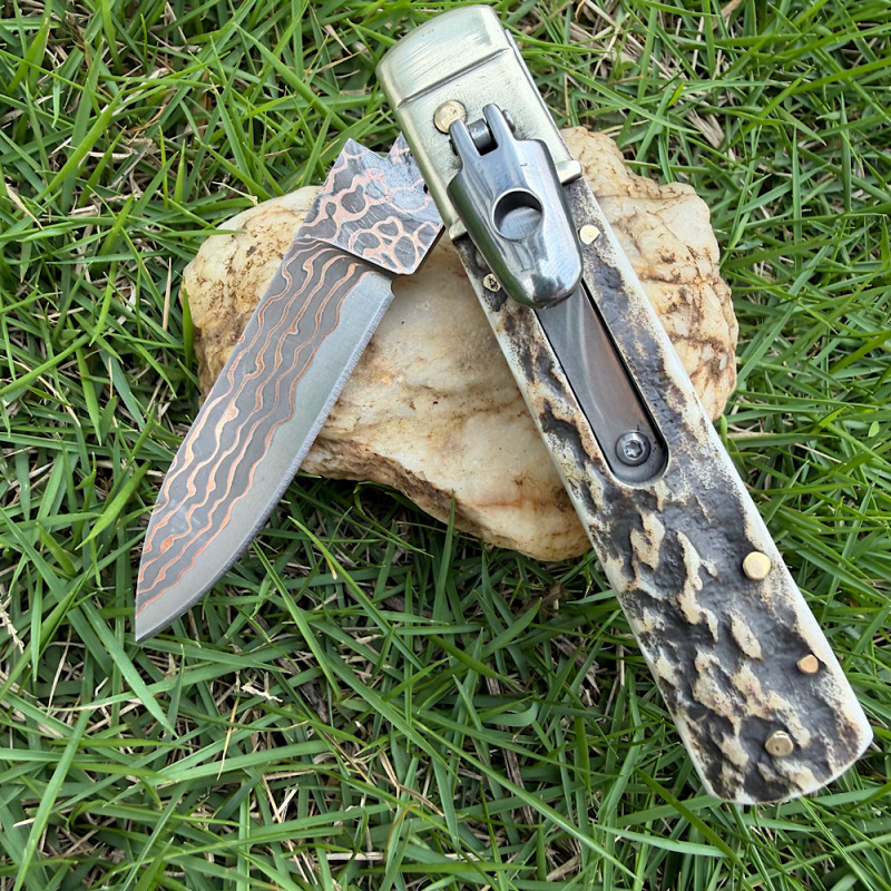 Classical Italy AKC Leverletto By Bill DeShivs OTF AUTO Knife 3.54'' Damascus Blade, Natural Antlers Handles