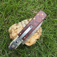 Classical Italy AKC Leverletto By Bill DeShivs OTF AUTO Knife 3.54'' Damascus Blade, Copper +Snake Patterned wood Handles