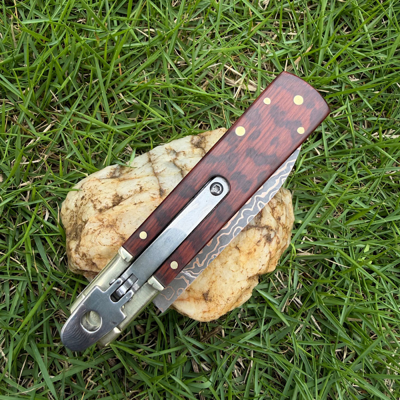 Classical Italy AKC Leverletto By Bill DeShivs OTF AUTO Knife 3.54'' Damascus Blade, Copper +Snake Patterned wood Handles