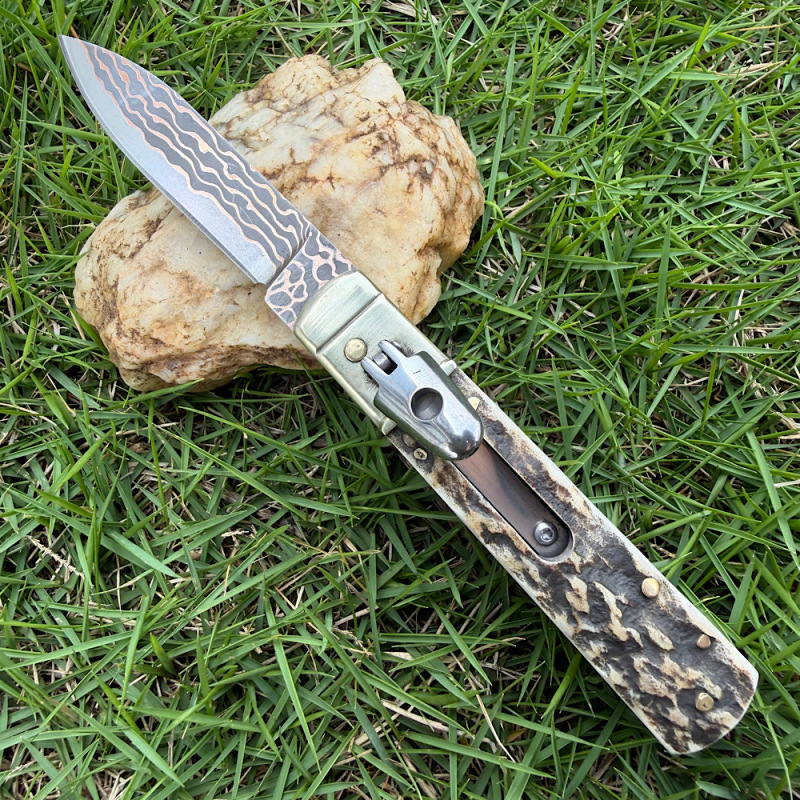 Classical Italy AKC Leverletto By Bill DeShivs OTF AUTO Knife 3.54'' Damascus Blade, Natural Antlers Handles