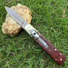 Classical Italy AKC Leverletto By Bill DeShivs OTF AUTO Knife 3.54'' Damascus Blade, Copper +Snake Patterned wood Handles