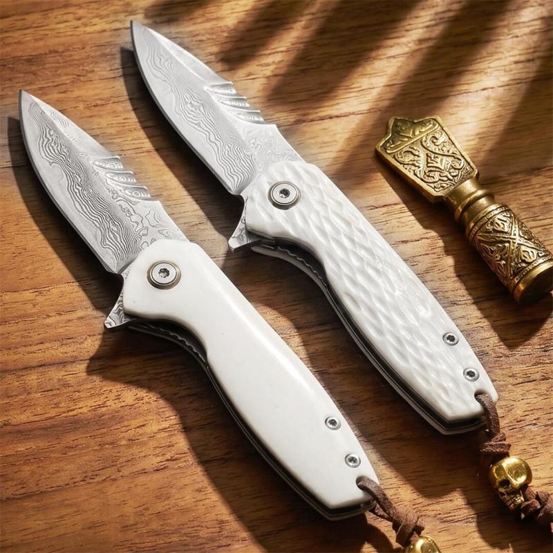 White Jade Flipper Folding Knife 2.36" Damascus Drop Blade, Ox bone Handles